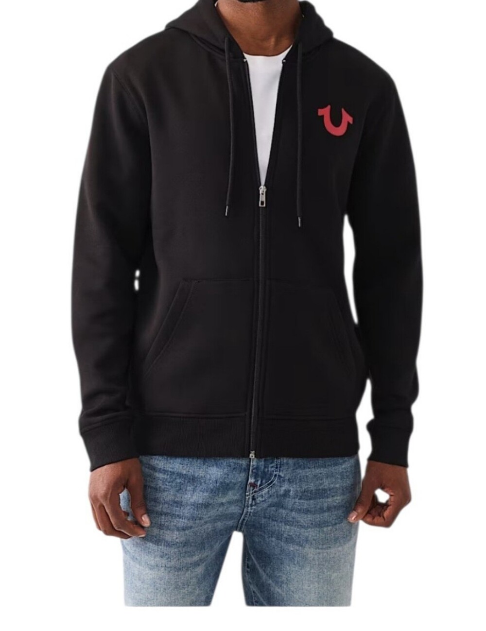 Men’s True Religion Black Zip Up Hoodie Red Logo Y2K Streetwear Full Zip Sz L